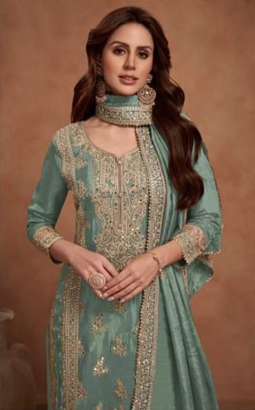 Designer Embroidered Fancy Chinnon Silk Party Wear Suit