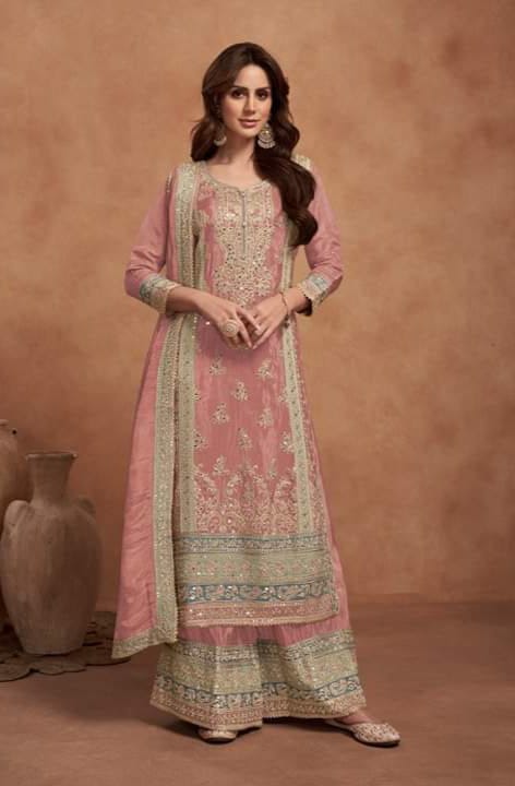 Designer Embroidered Fancy Chinnon Silk Party Wear Suit