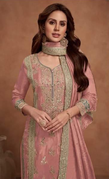 Designer Embroidered Fancy Chinnon Silk Party Wear Suit