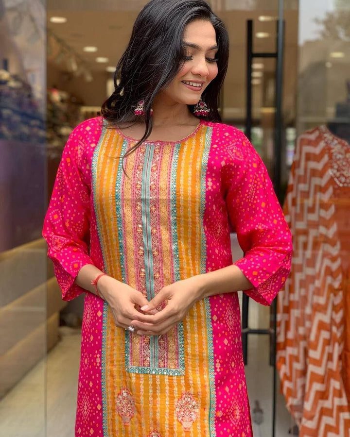 Multicolored Bandhani Print Suit with Stone Work & Dupatta