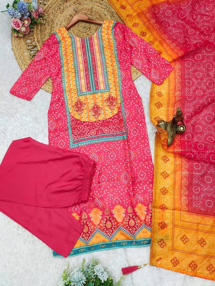 Multicolored Bandhani Print Suit with Stone Work & Dupatta