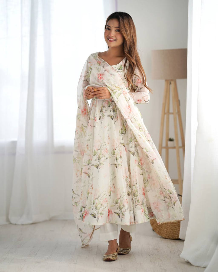 White Color Soft Organza Silk Printed Long Salwar Suit