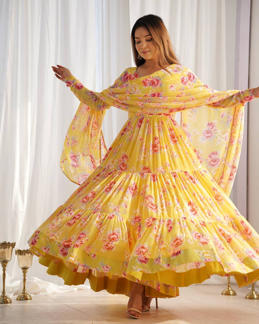 Candy Yellow Floral 3-Layer Georgette Gown With Dupatta