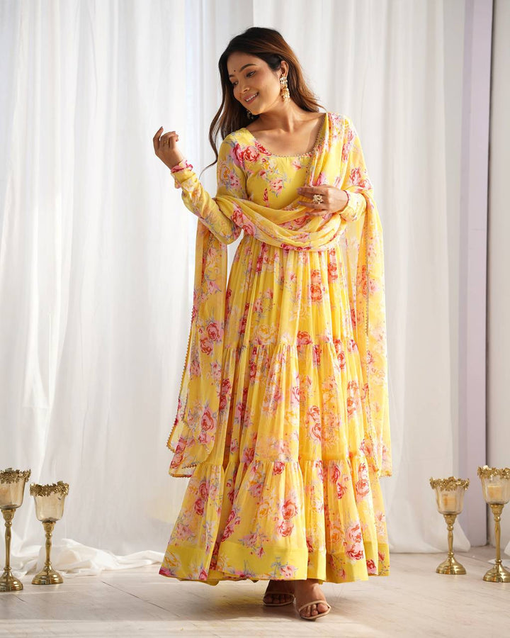 Candy Yellow Floral 3-Layer Georgette Gown With Dupatta