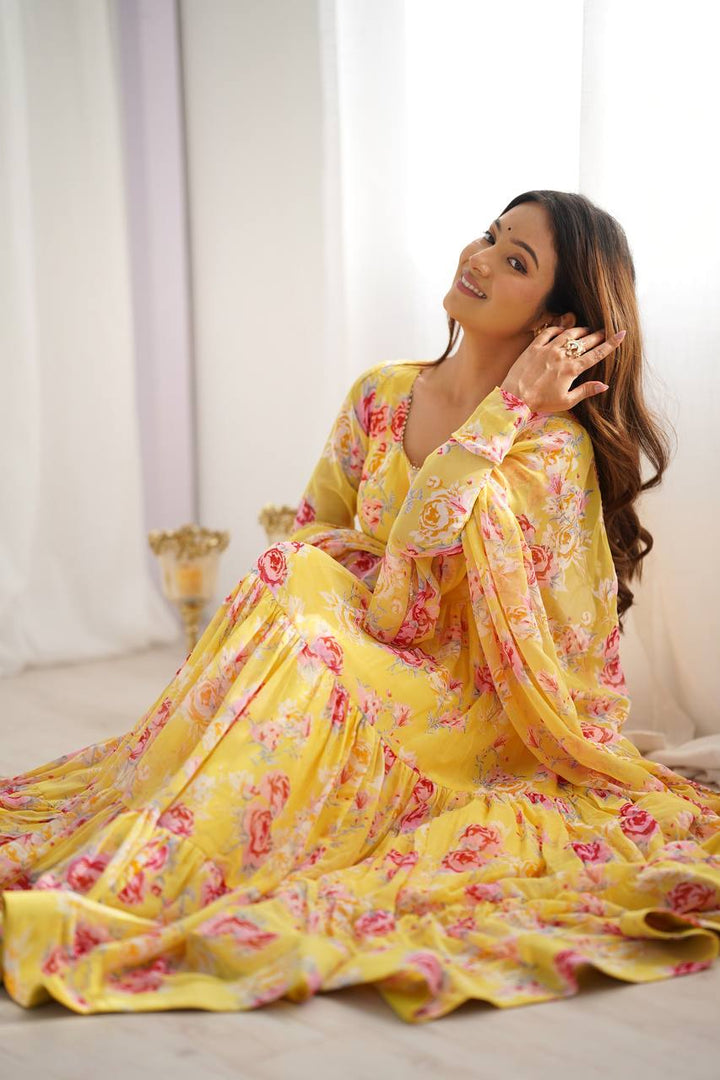 Candy Yellow Floral 3-Layer Georgette Gown With Dupatta