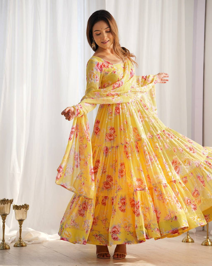 Candy Yellow Floral 3-Layer Georgette Gown With Dupatta