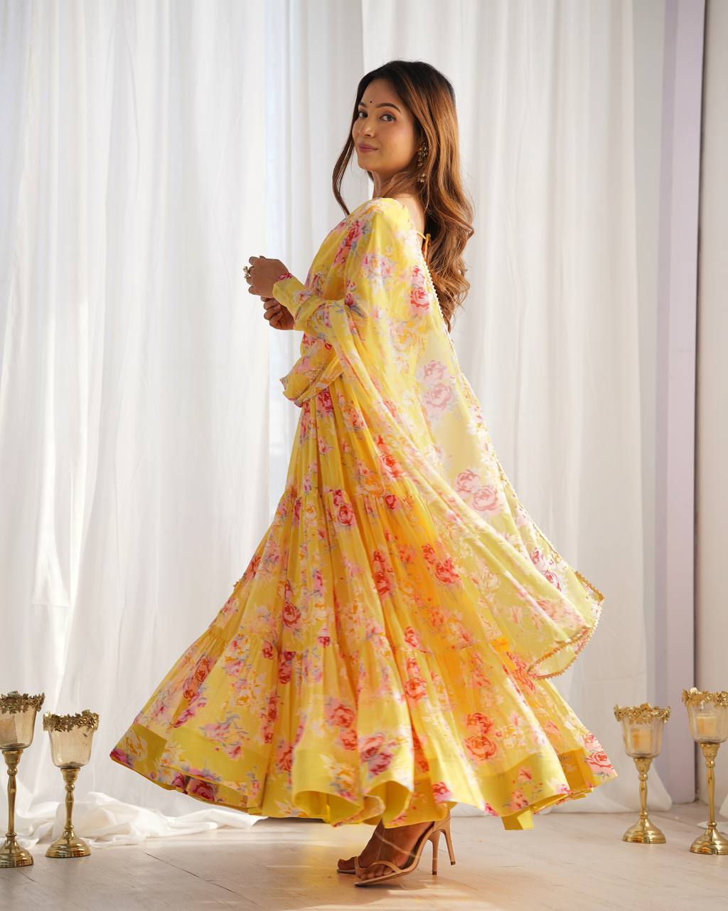 Candy Yellow Floral 3-Layer Georgette Gown With Dupatta