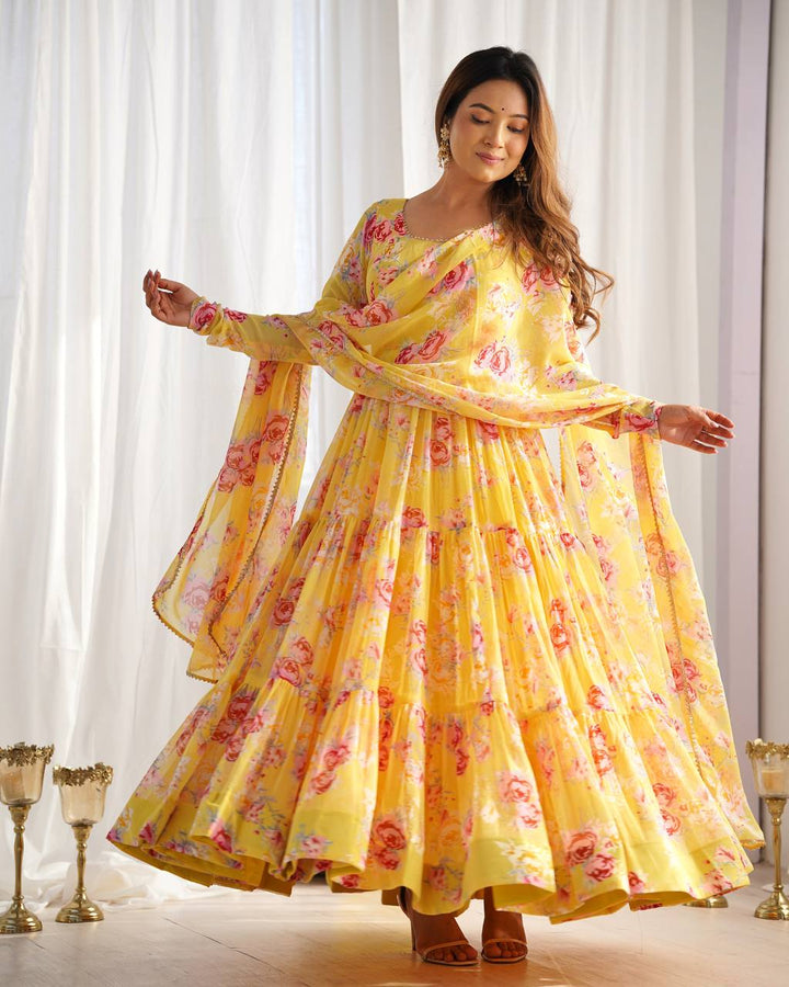 Candy Yellow Floral 3-Layer Georgette Gown With Dupatta