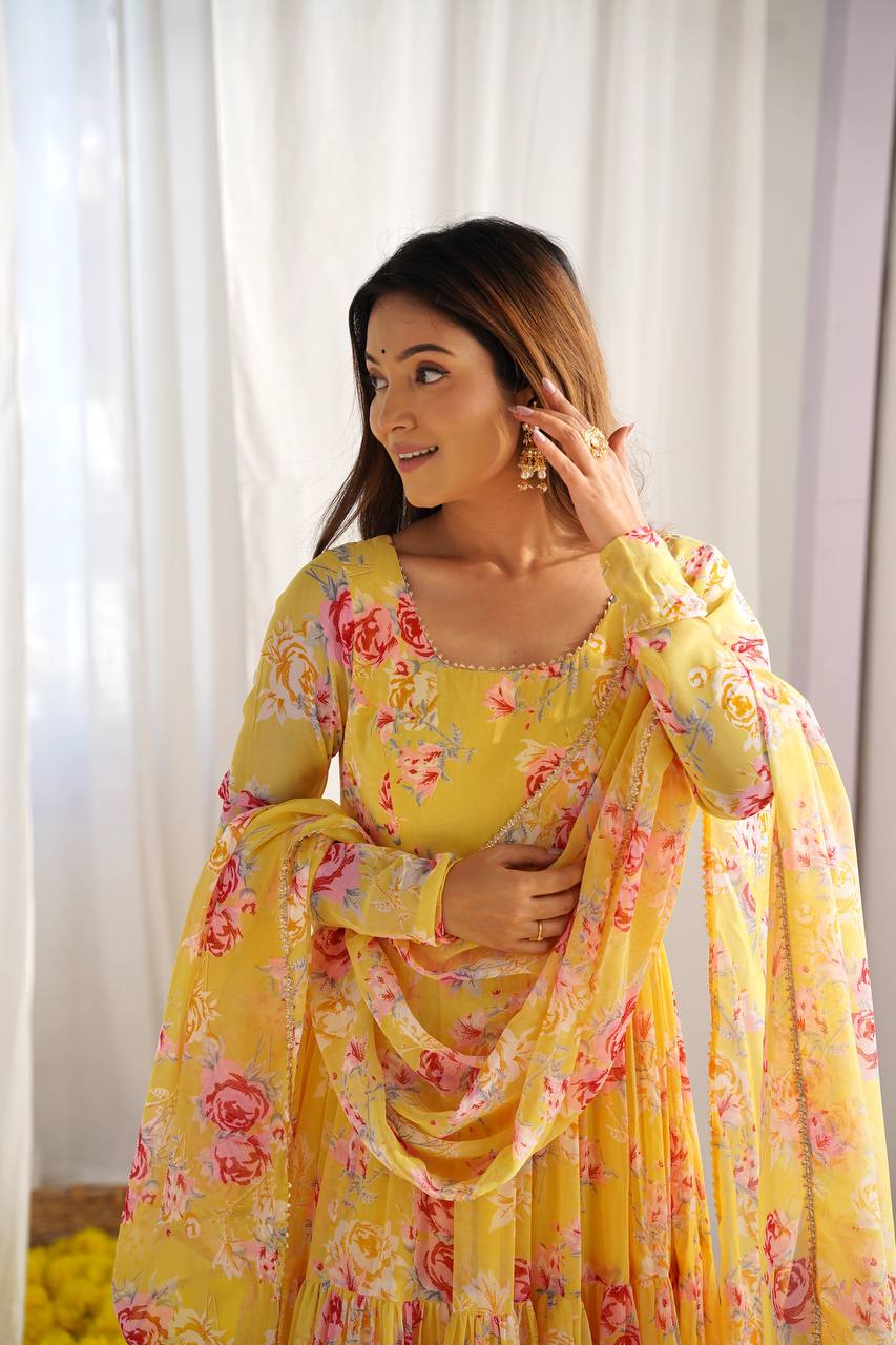 Candy Yellow Floral 3-Layer Georgette Gown With Dupatta