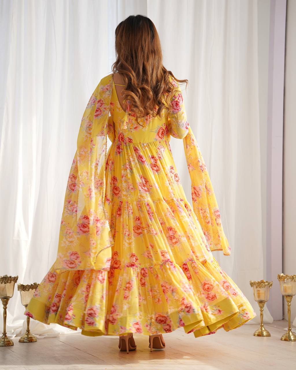 Candy Yellow Floral 3-Layer Georgette Gown With Dupatta