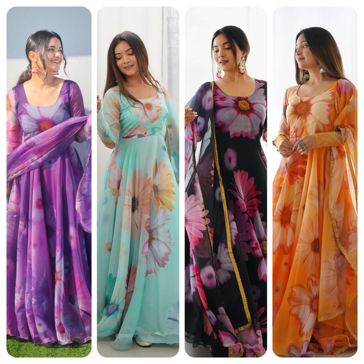 Elegant Party Wear Organza Taby Silk Gown with Dupatta