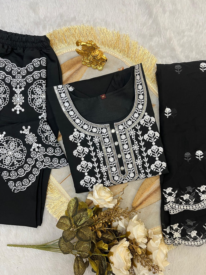 Designer Sequin Embroidered Top & Pant Set with Dupatta