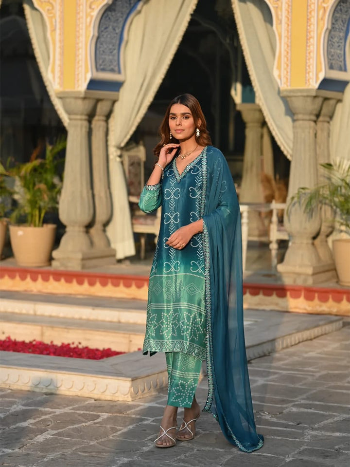 Soft Chinon Silk Sequence Embroidered Suit