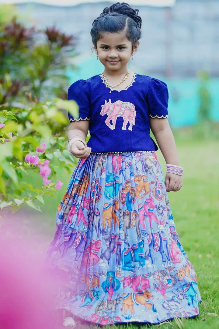 Hand-Embroidered Cow Design Blouse with Kalamkari Lehenga