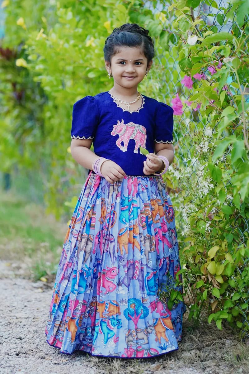 Hand-Embroidered Cow Design Blouse with Kalamkari Lehenga