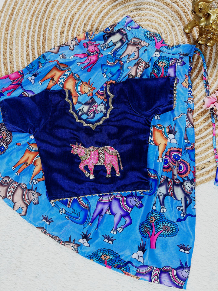 Hand-Embroidered Cow Design Blouse with Kalamkari Lehenga