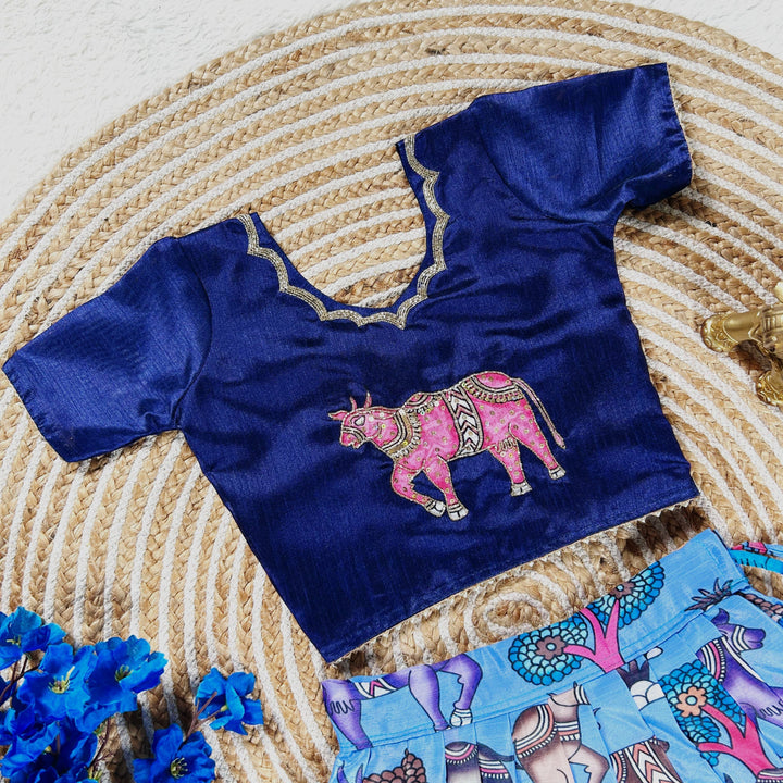 Hand-Embroidered Cow Design Blouse with Kalamkari Lehenga