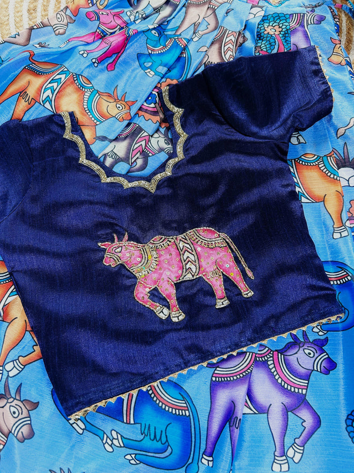 Hand-Embroidered Cow Design Blouse with Kalamkari Lehenga