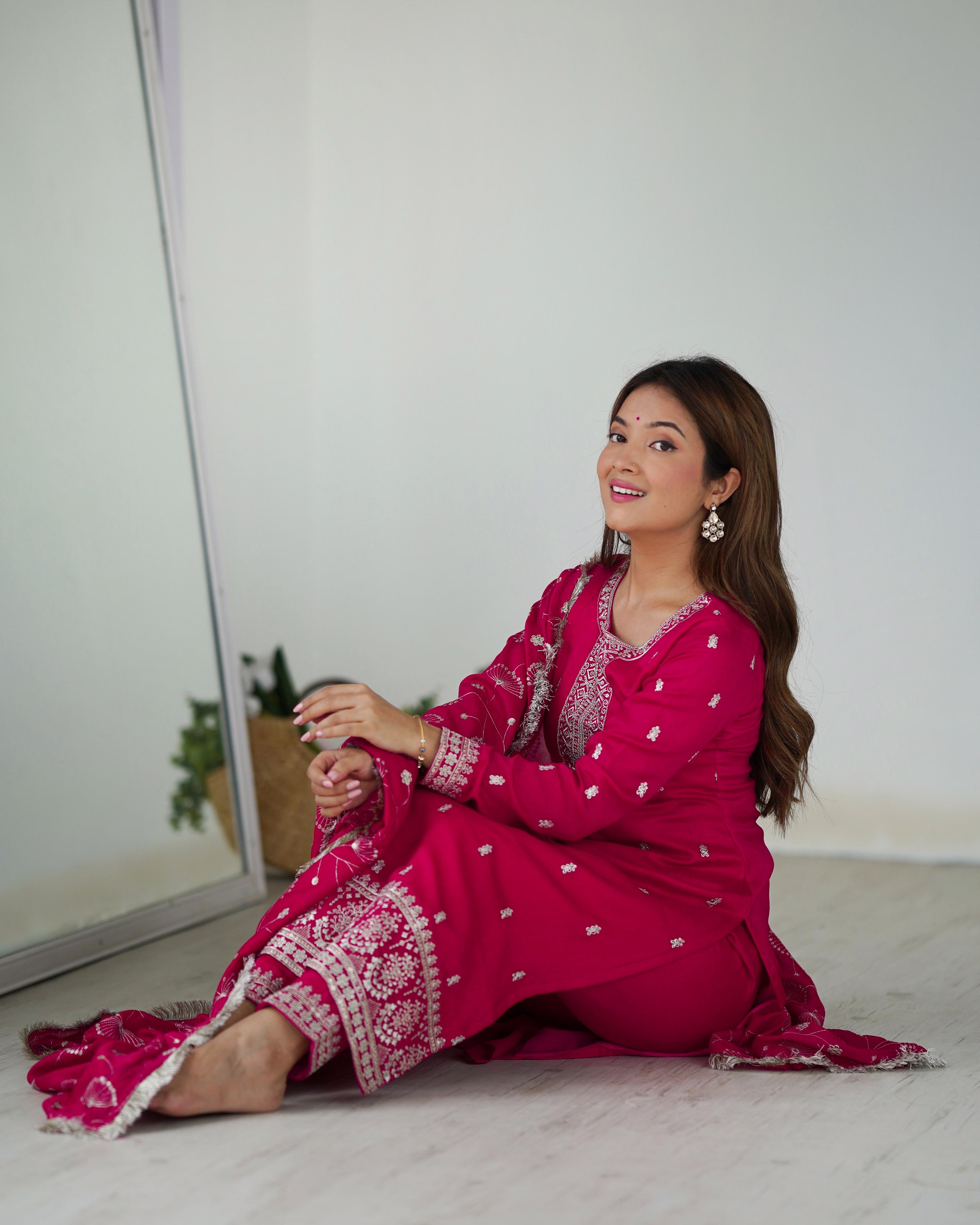 Elegant Pink Pure Blooming Vichitra Silk Kurta Set â€“ Ready to Wear