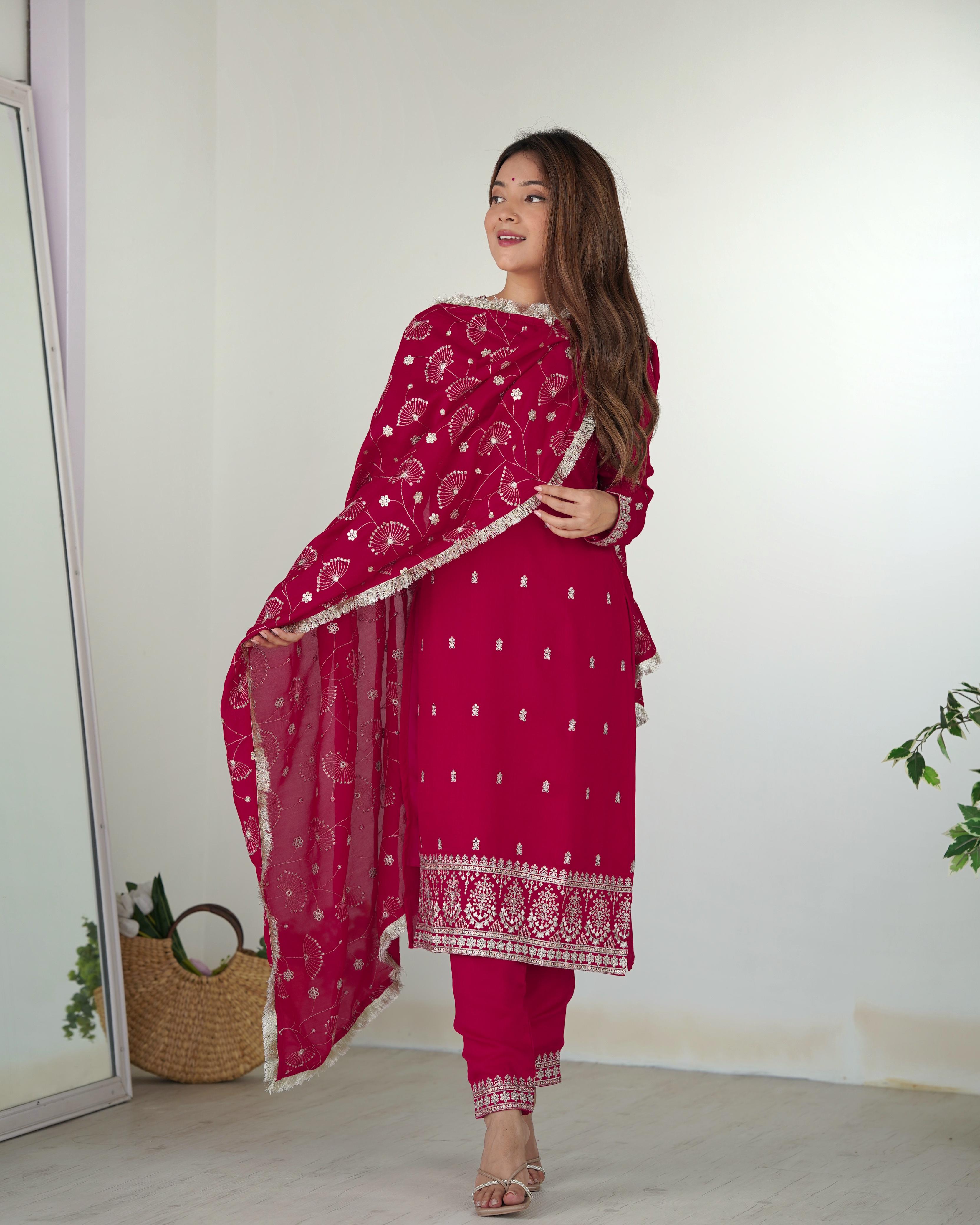 Elegant Pink Pure Blooming Vichitra Silk Kurta Set â€“ Ready to Wear