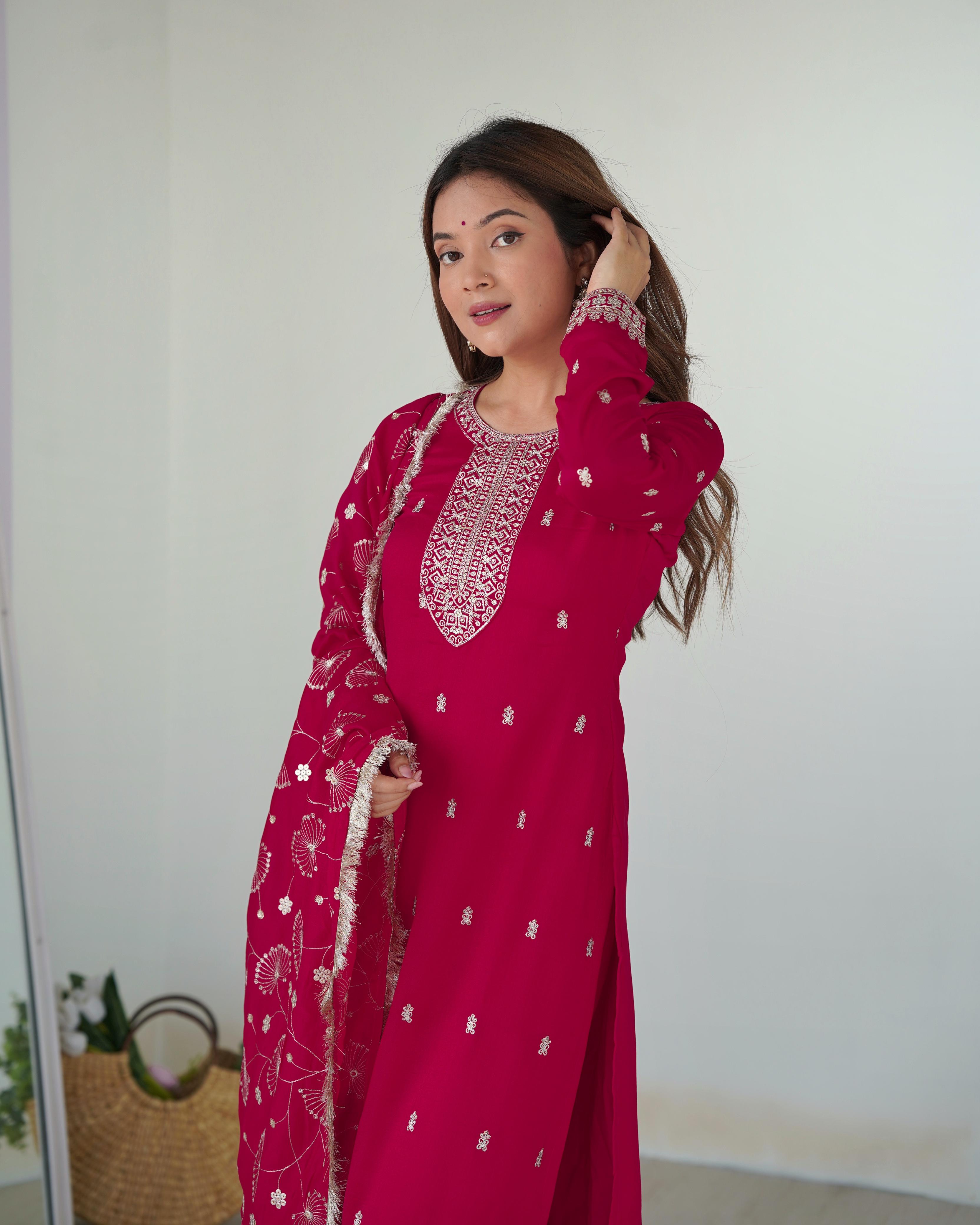 Elegant Pink Pure Blooming Vichitra Silk Kurta Set â€“ Ready to Wear