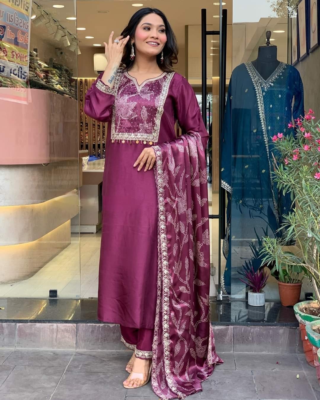 Wine Viscose Chanderi Designer Embroidery Work Suit – Inaaya Store