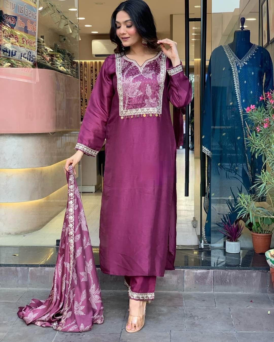 Wine Viscose Chanderi Designer Embroidery Work Suit