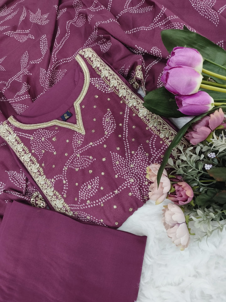 Wine Viscose Chanderi Designer Embroidery Work Suit