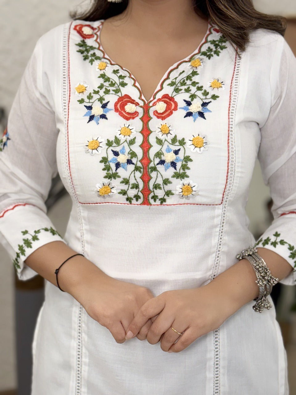 Women’s Cotton Embroidered 3-Piece Suit with Khatli Handwork