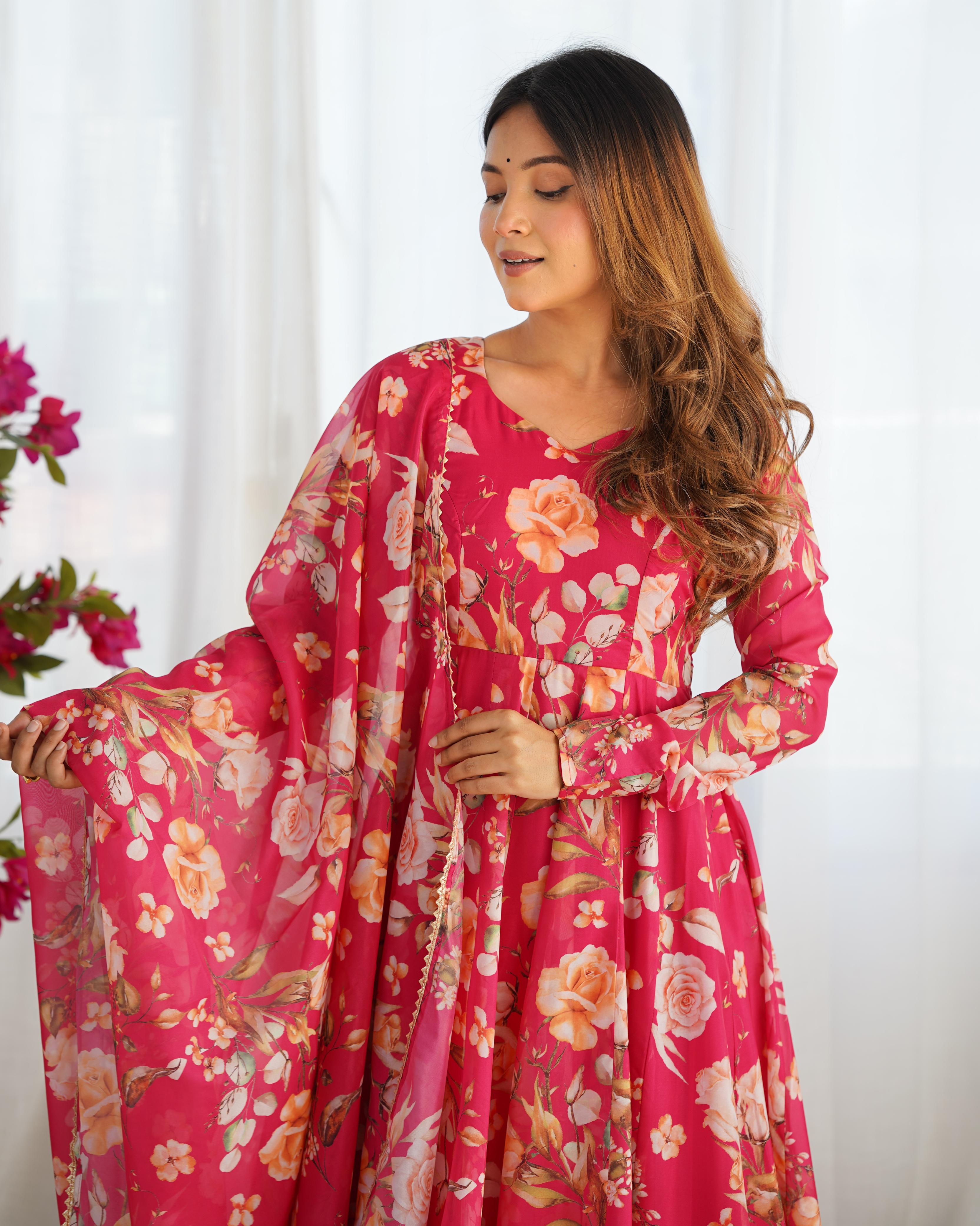 Printed Organza Anarkali with Gota Dupatta