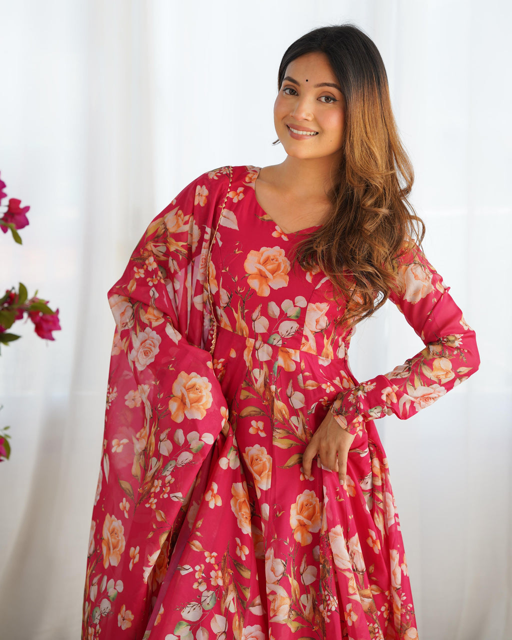 Printed Organza Anarkali with Gota Dupatta