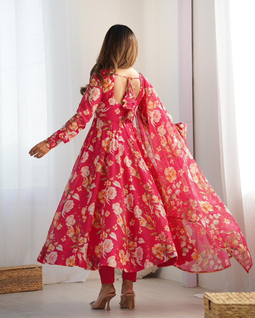 Printed Organza Anarkali with Gota Dupatta