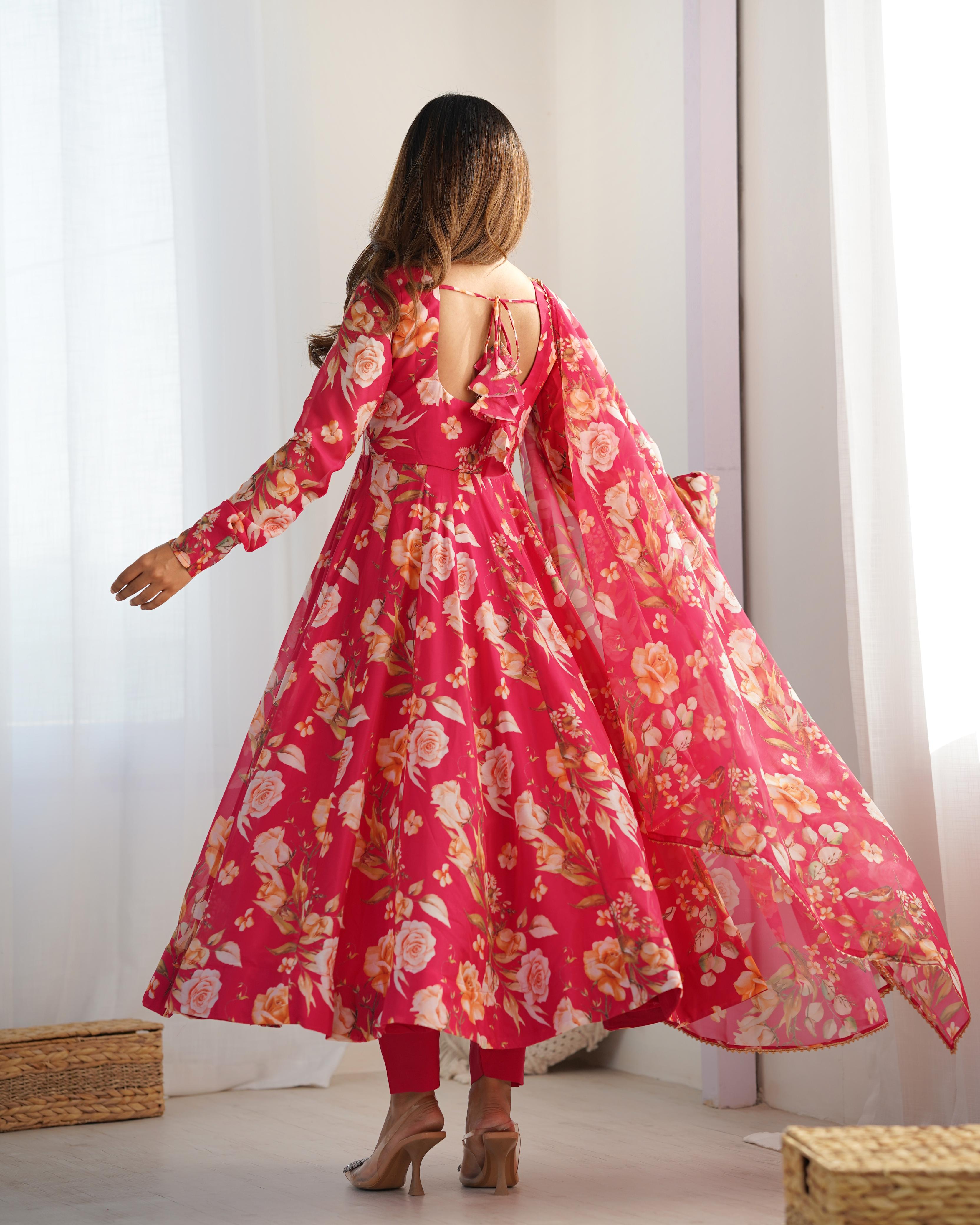 Printed Organza Anarkali with Gota Dupatta