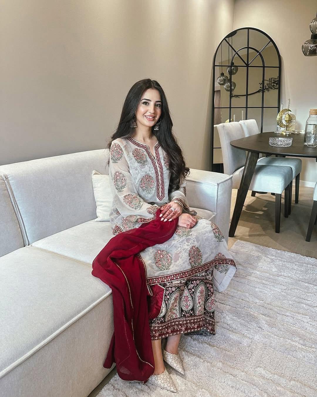 Embroidered Georgette Top with Crepe Palazzo