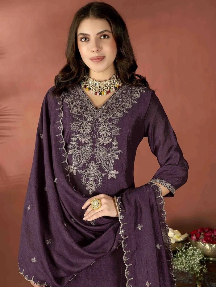 Sequence Embroidery Vichitra Suit