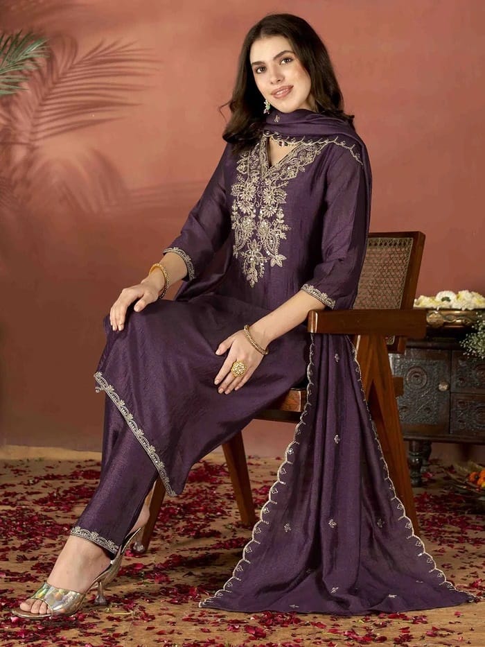 Sequence Embroidery Vichitra Suit