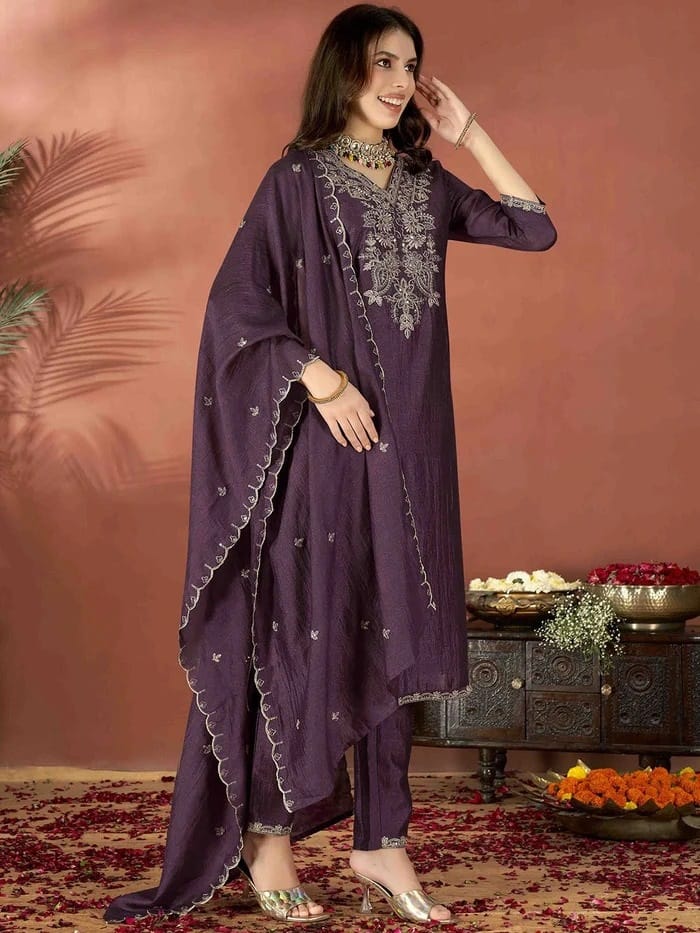 Sequence Embroidery Vichitra Suit