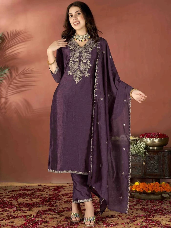 Sequence Embroidery Vichitra Suit