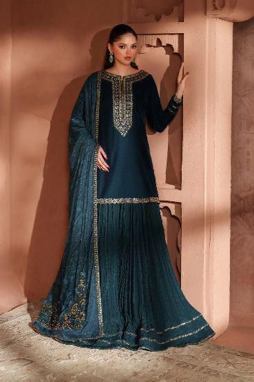 Peacock Teal &amp; Antique Gold: Embroidered Velvet Suit | Ready To Wear
