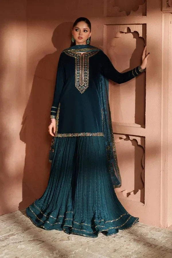 Peacock Teal &amp; Antique Gold: Embroidered Velvet Suit | Ready To Wear