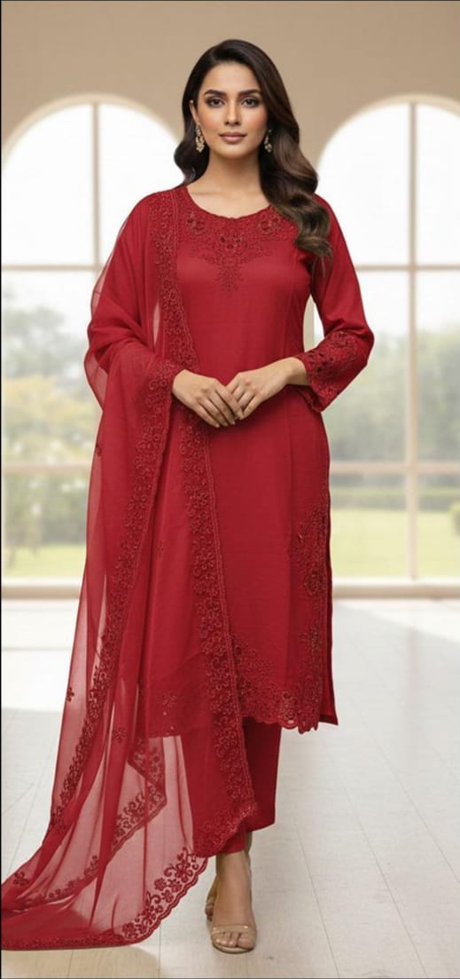 Crystal Viscose Suit with Organza Dupatta