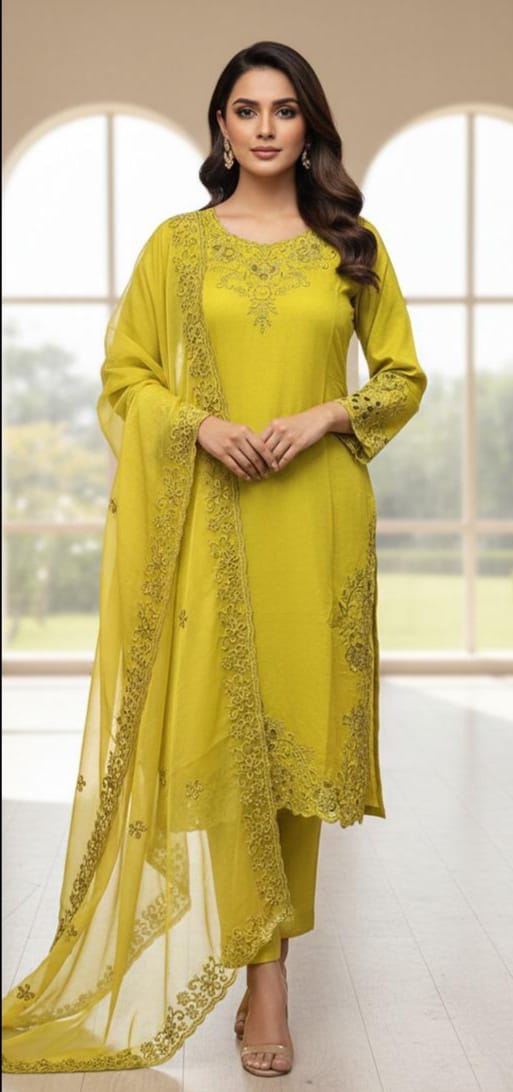 Crystal Viscose Suit with Organza Dupatta