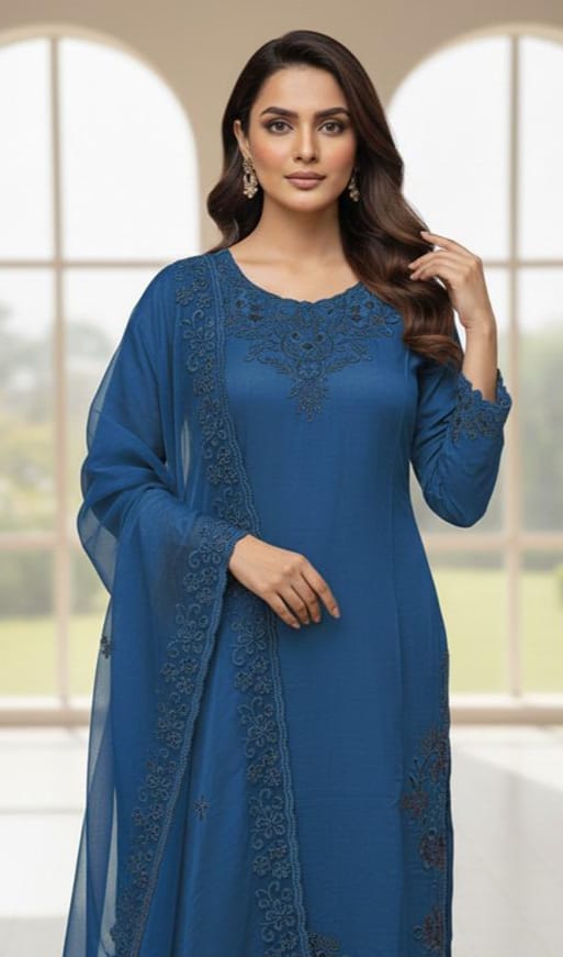 Crystal Viscose Suit with Organza Dupatta