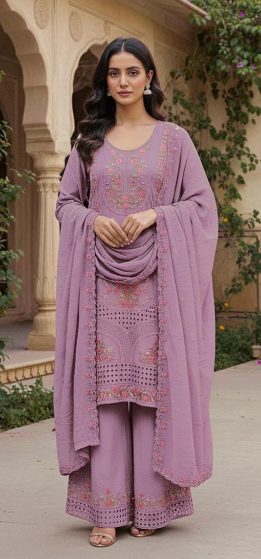 Heavy Georgette Plazo Suit with Zarkan Embellishment