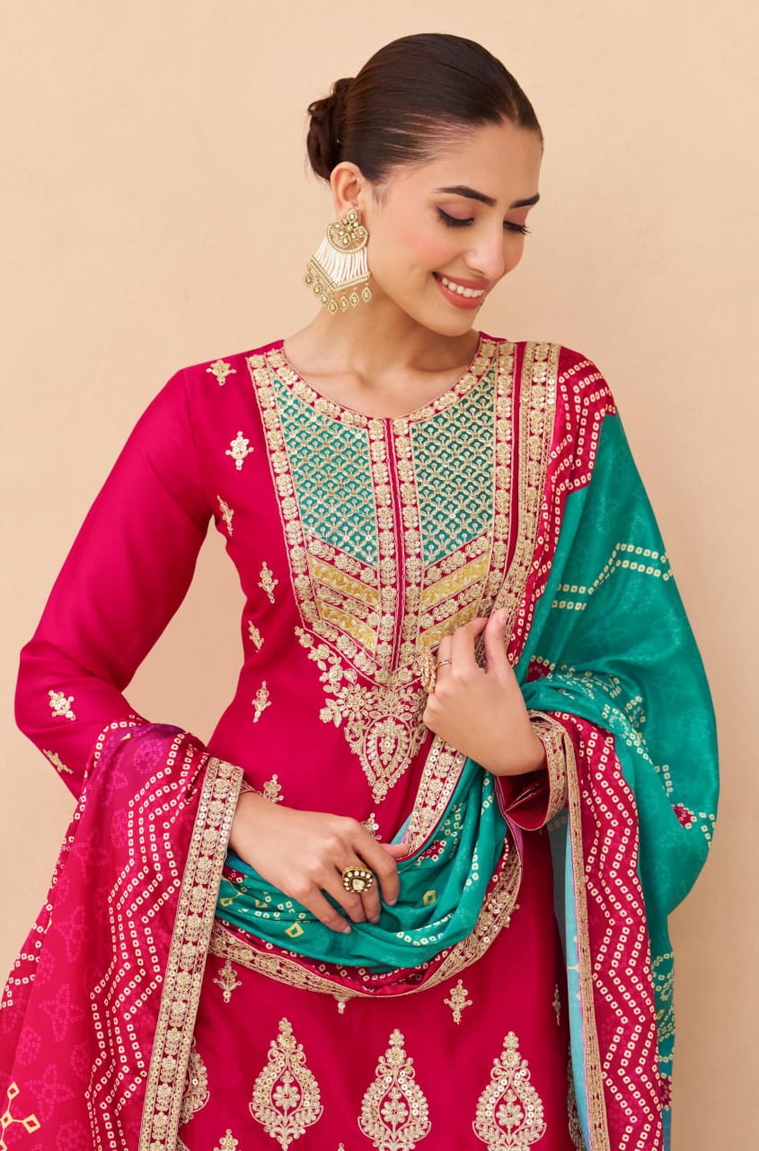 Embroidered Palazzo Suit With Neck Dupatta