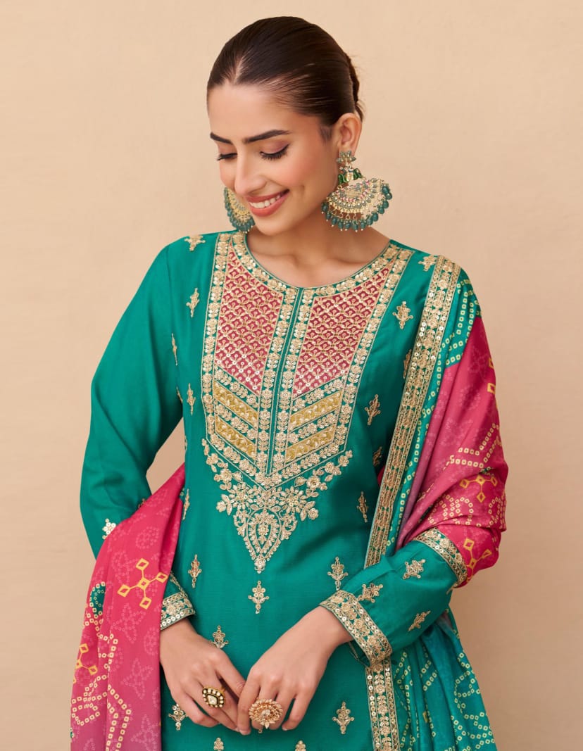 Embroidered Palazzo Suit With Neck Dupatta
