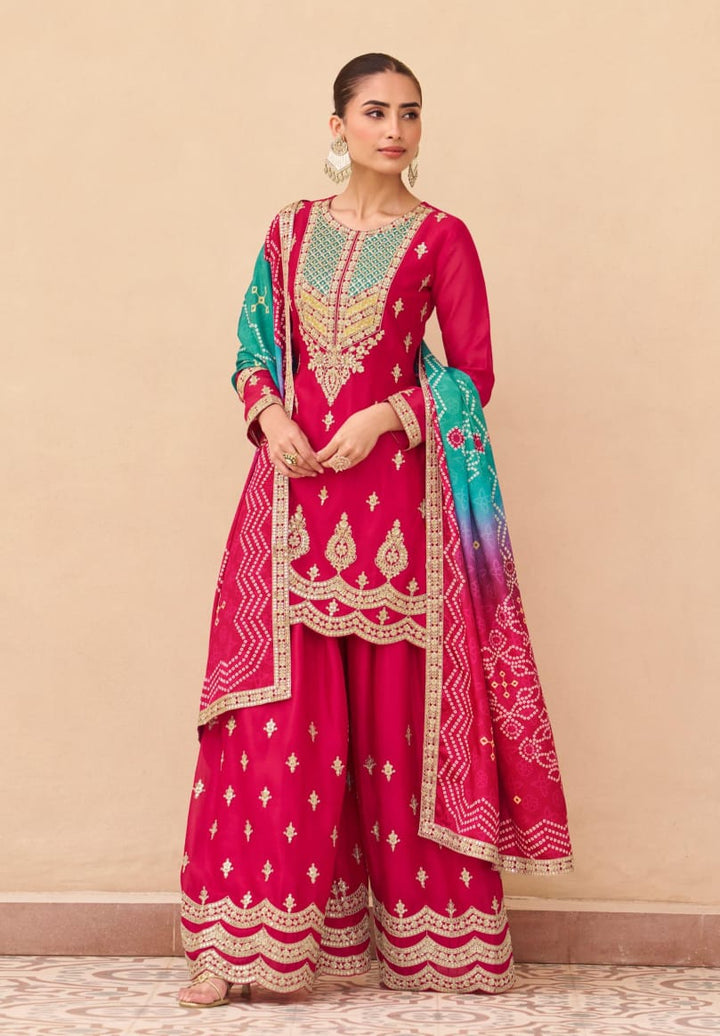Embroidered Palazzo Suit With Neck Dupatta