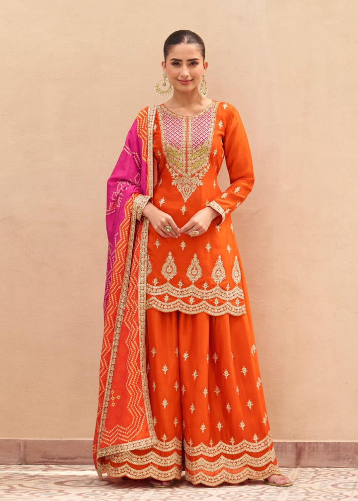 Embroidered Palazzo Suit With Neck Dupatta