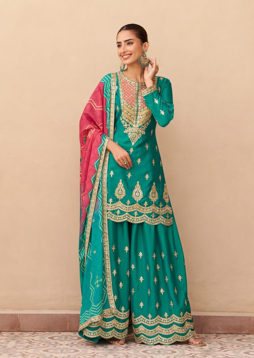 Embroidered Palazzo Suit With Neck Dupatta