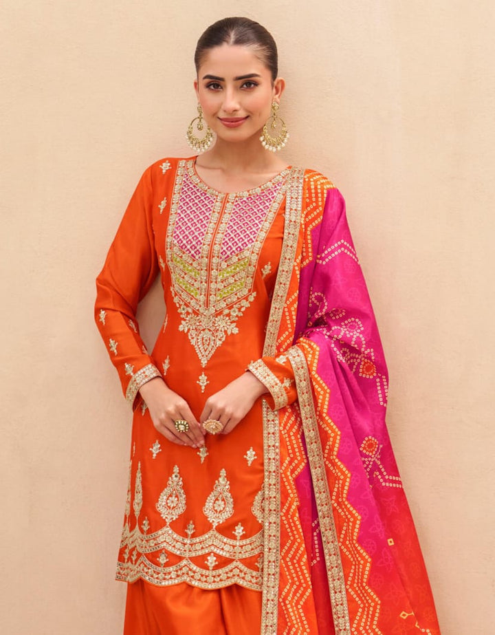 Embroidered Palazzo Suit With Neck Dupatta